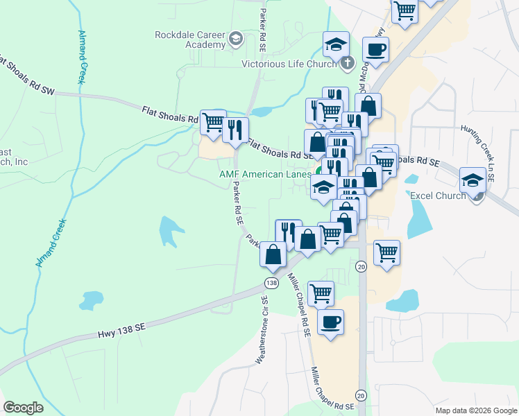 map of restaurants, bars, coffee shops, grocery stores, and more near 1846 Parker Road Southeast in Conyers