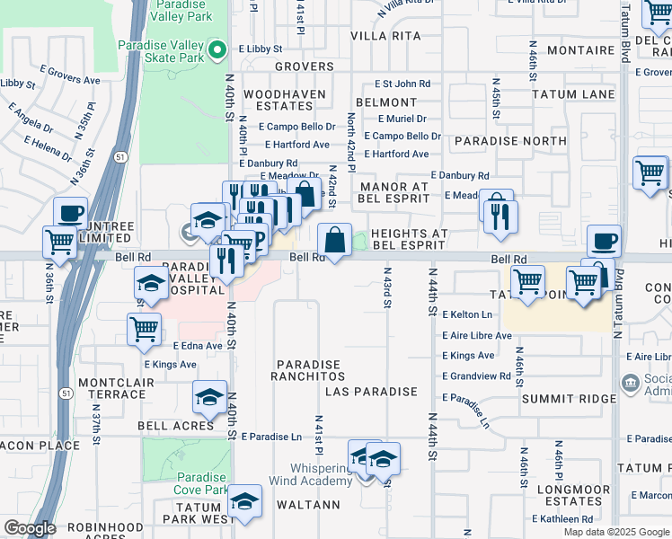 map of restaurants, bars, coffee shops, grocery stores, and more near 4139 East Bell Road in Phoenix