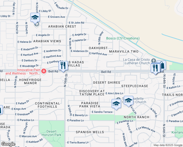 map of restaurants, bars, coffee shops, grocery stores, and more near 16831 North 58th Street in Scottsdale