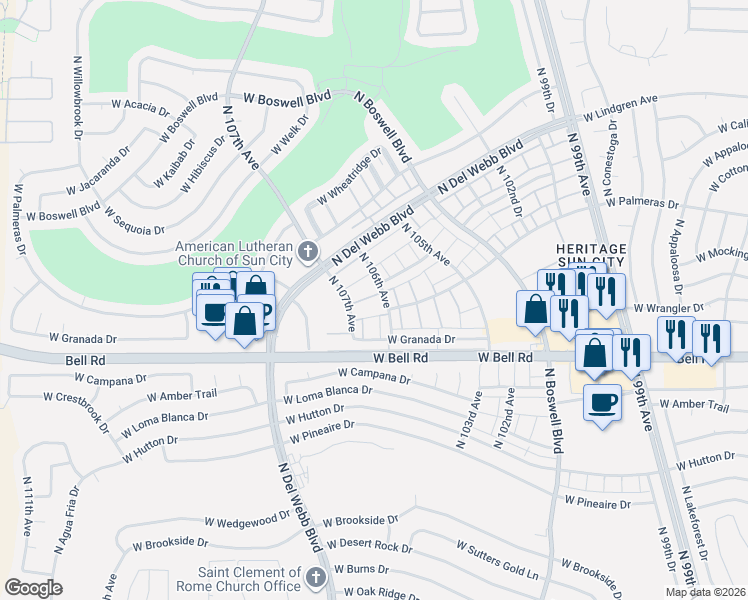map of restaurants, bars, coffee shops, grocery stores, and more near 17218 North 106th Avenue in Sun City