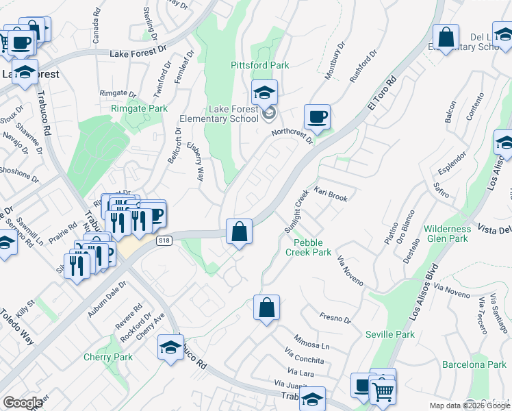 map of restaurants, bars, coffee shops, grocery stores, and more near 22248 Summit Hill Drive in Lake Forest