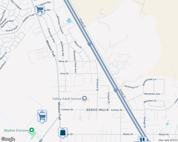 map of restaurants, bars, coffee shops, grocery stores, and more near 21420 Vine Street in Wildomar