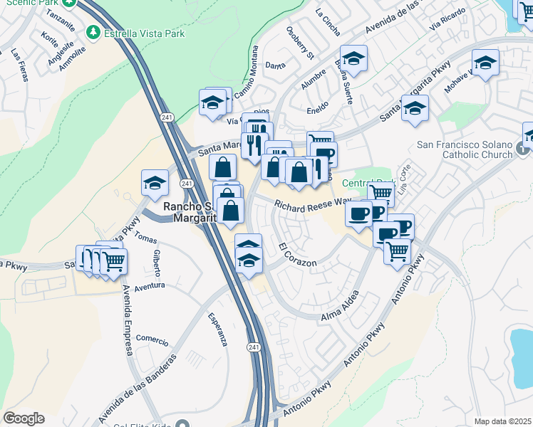 map of restaurants, bars, coffee shops, grocery stores, and more near 37 Vía Vicini in Rancho Santa Margarita