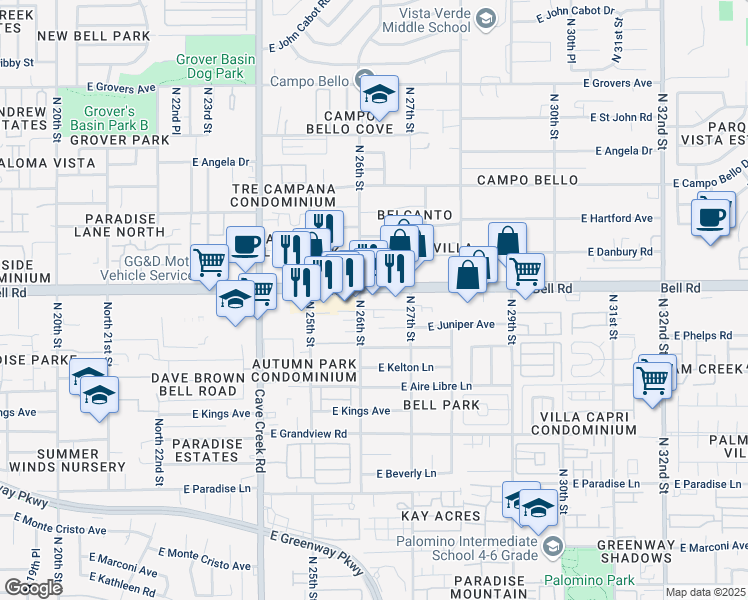 map of restaurants, bars, coffee shops, grocery stores, and more near 2601 East Bell Road in Phoenix