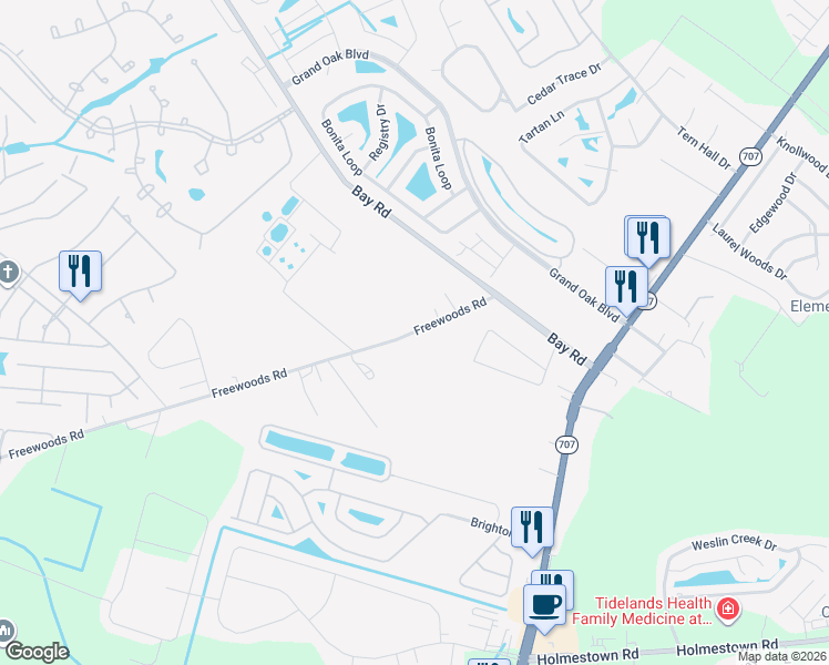 map of restaurants, bars, coffee shops, grocery stores, and more near 9211 Freewoods Road in Myrtle Beach