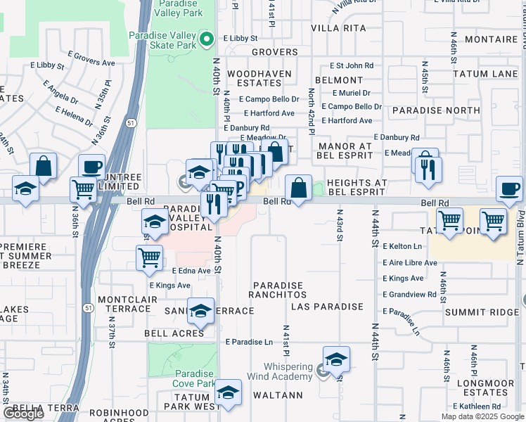 map of restaurants, bars, coffee shops, grocery stores, and more near 16801-16999 N 41st St in Phoenix