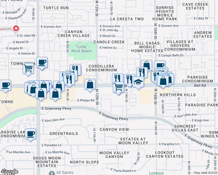 map of restaurants, bars, coffee shops, grocery stores, and more near 1307 East Bell Road in Phoenix
