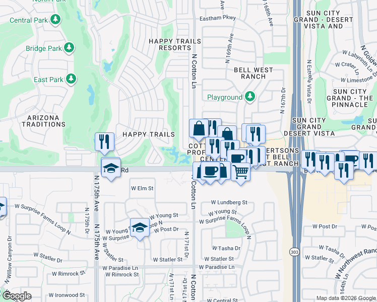 map of restaurants, bars, coffee shops, grocery stores, and more near 17058 West Bell Road in Surprise