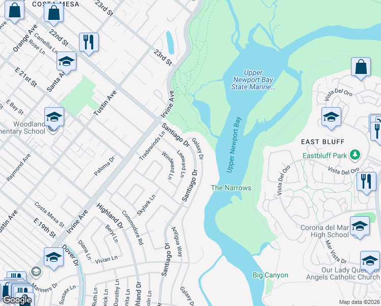 map of restaurants, bars, coffee shops, grocery stores, and more near 2015 Santiago Drive in Newport Beach