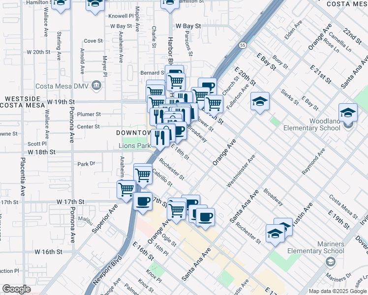 map of restaurants, bars, coffee shops, grocery stores, and more near 114 Magnolia Street in Costa Mesa