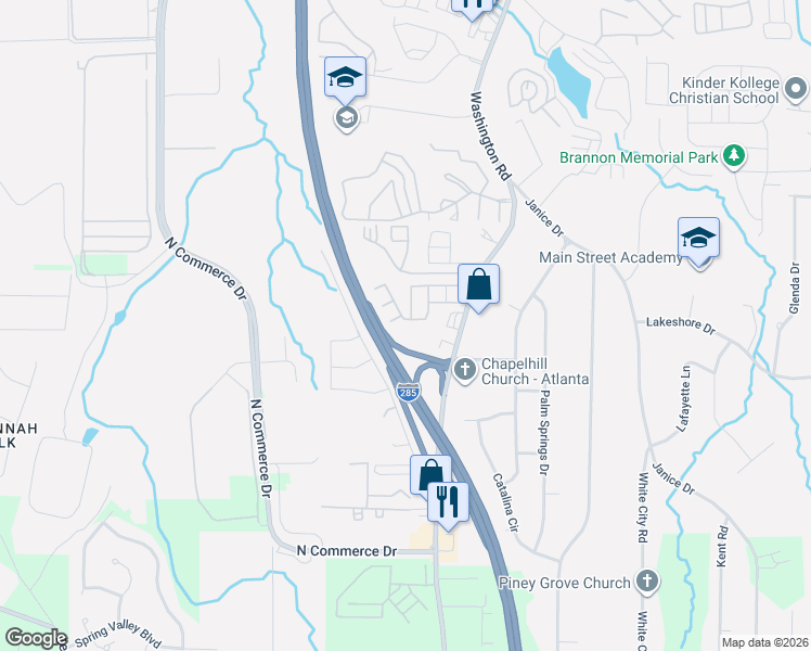 map of restaurants, bars, coffee shops, grocery stores, and more near 4205 High Park Lane in East Point