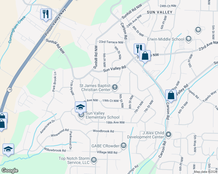 map of restaurants, bars, coffee shops, grocery stores, and more near 2008 9th Place Northwest in Center Point