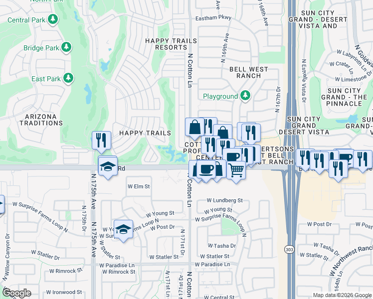 map of restaurants, bars, coffee shops, grocery stores, and more near 17058 West Bell Road in Surprise