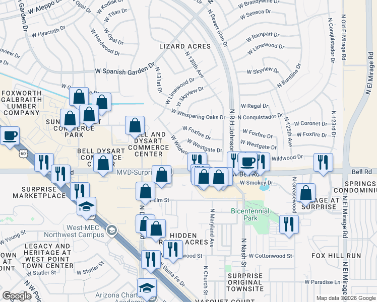 map of restaurants, bars, coffee shops, grocery stores, and more near 13039 West Westgate Drive in Sun City West
