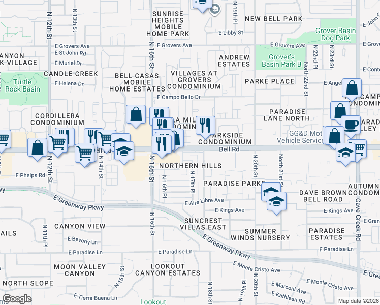 map of restaurants, bars, coffee shops, grocery stores, and more near in Phoenix