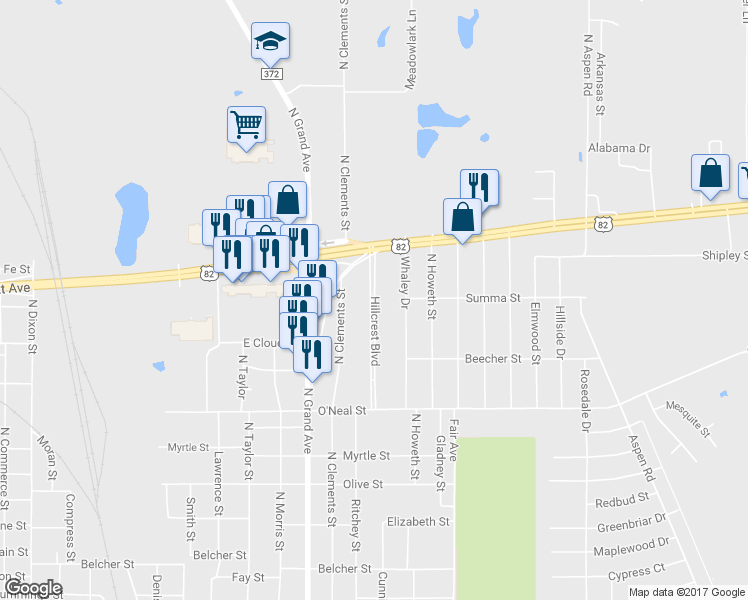 map of restaurants, bars, coffee shops, grocery stores, and more near 1101 Hillcrest Boulevard in Gainesville