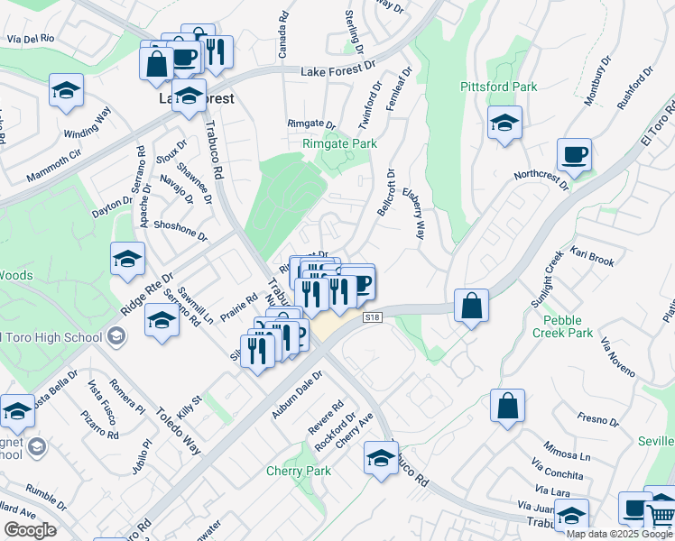 map of restaurants, bars, coffee shops, grocery stores, and more near 22201 Center Pointe in Lake Forest