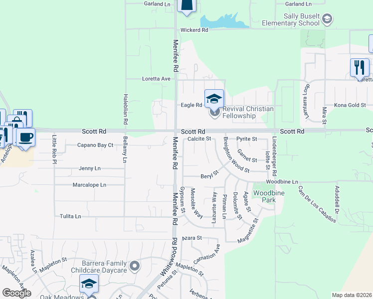 map of restaurants, bars, coffee shops, grocery stores, and more near 33086 Gypsum Street in Menifee