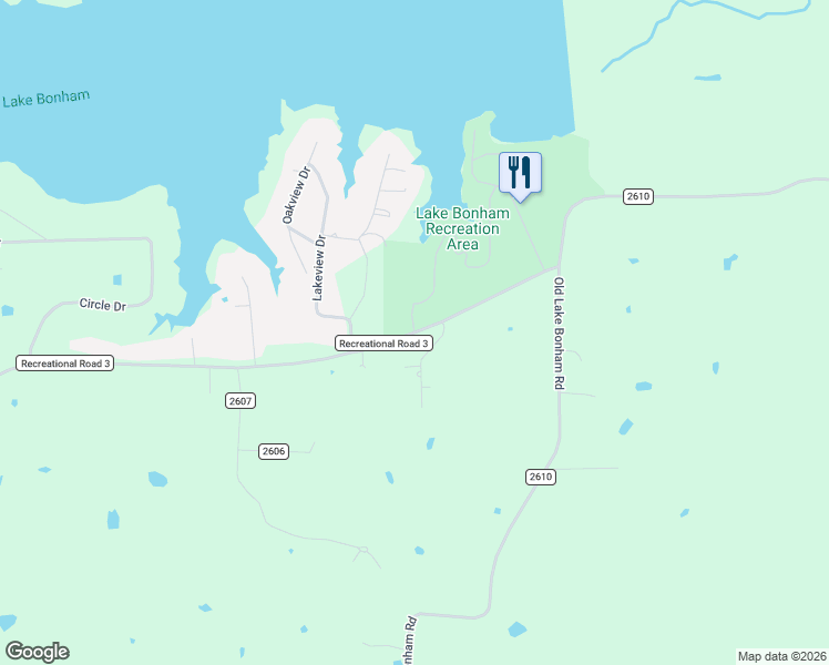 map of restaurants, bars, coffee shops, grocery stores, and more near 2368 Recreational Road 3 in Bonham