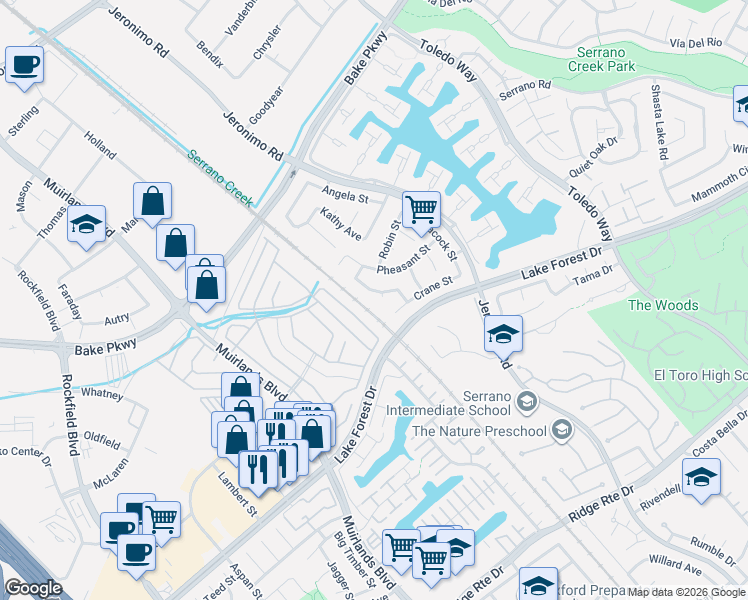 map of restaurants, bars, coffee shops, grocery stores, and more near 24252 Sparrow Street in Lake Forest