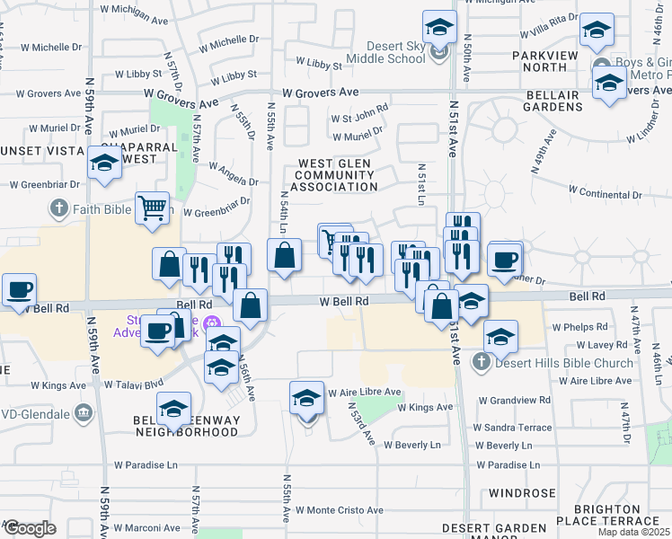 map of restaurants, bars, coffee shops, grocery stores, and more near 5408 West Bell Road in Glendale