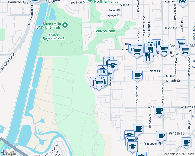 map of restaurants, bars, coffee shops, grocery stores, and more near 1817 Ocean Court in Costa Mesa