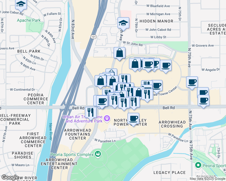 map of restaurants, bars, coffee shops, grocery stores, and more near 7909 W Campo Bello Dr in Glendale