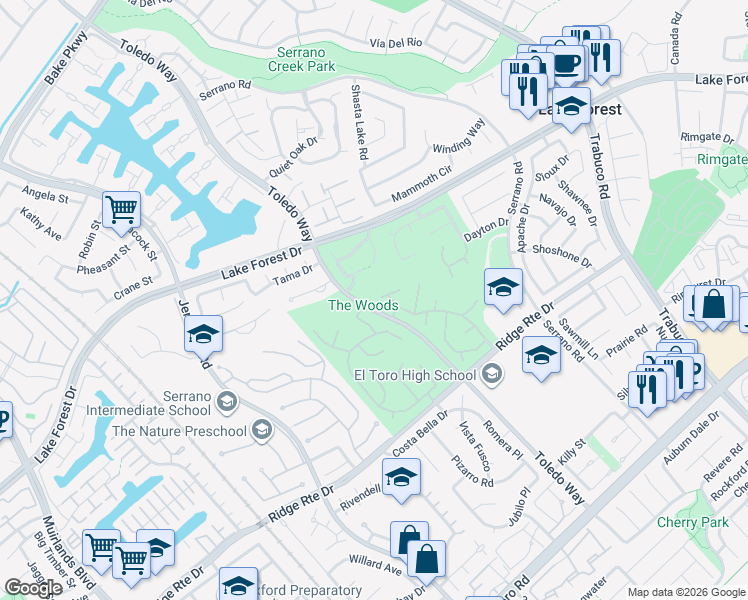 map of restaurants, bars, coffee shops, grocery stores, and more near 24945 Valley Rim Terrace in Lake Forest