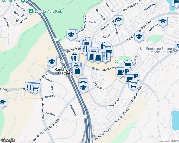 map of restaurants, bars, coffee shops, grocery stores, and more near 37 Vía Vicini in Rancho Santa Margarita