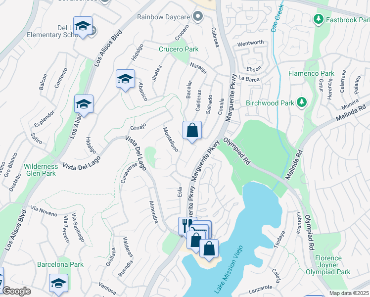 map of restaurants, bars, coffee shops, grocery stores, and more near 27691 Alarcon in Mission Viejo