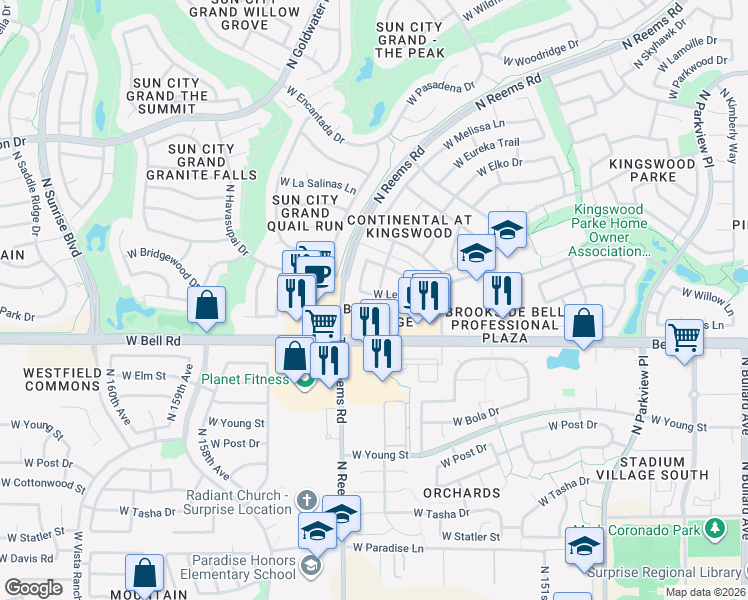 map of restaurants, bars, coffee shops, grocery stores, and more near 15423 West Lea Lane in Surprise