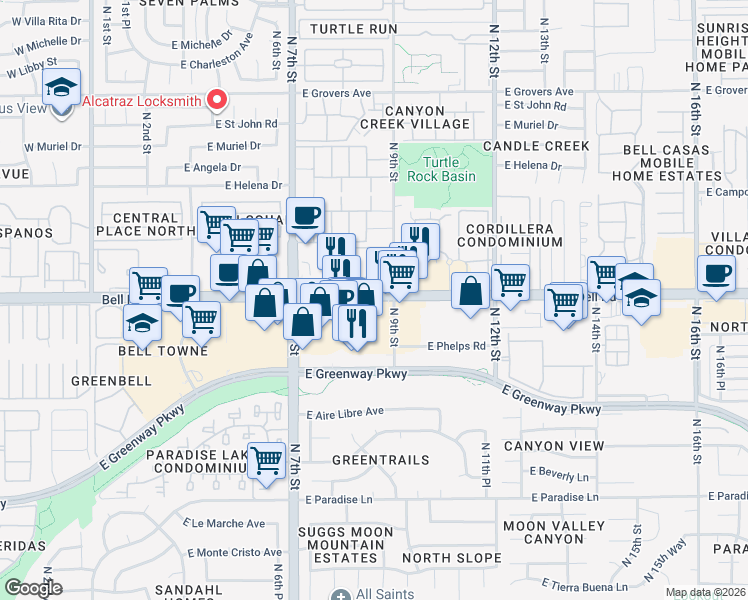 map of restaurants, bars, coffee shops, grocery stores, and more near 850 East Bell Road in Phoenix