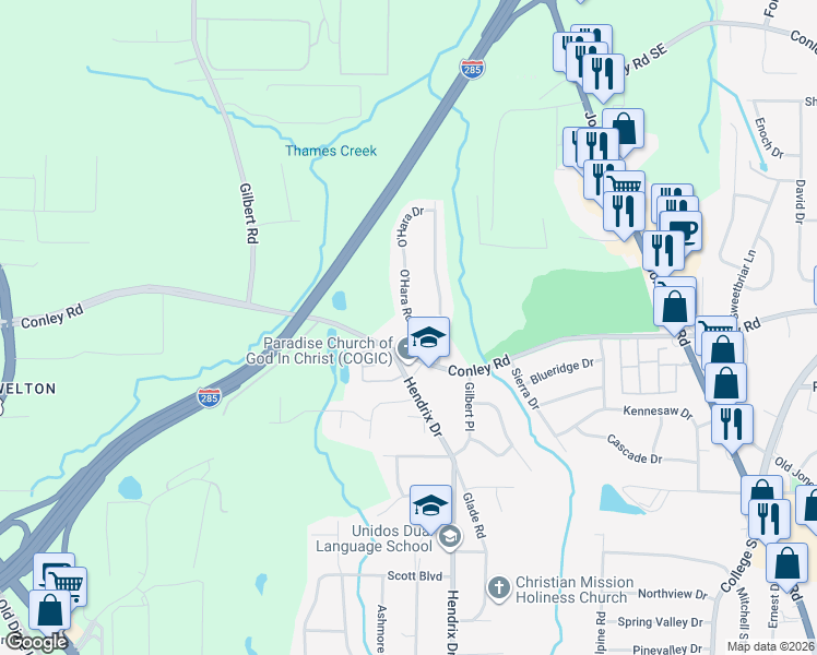 map of restaurants, bars, coffee shops, grocery stores, and more near 4182 O'Hara Road in Forest Park