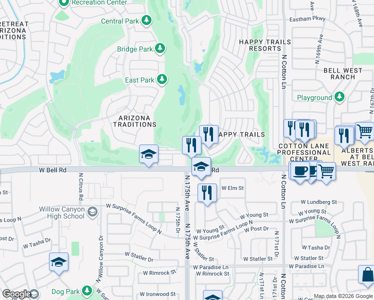 map of restaurants, bars, coffee shops, grocery stores, and more near 17080 North Happy Trails Boulevard in Surprise