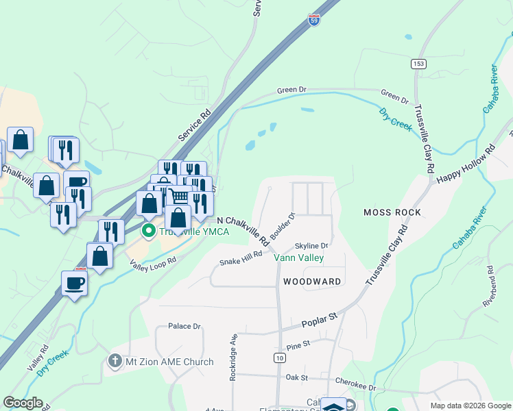 map of restaurants, bars, coffee shops, grocery stores, and more near 106 Woodland Circle in Trussville