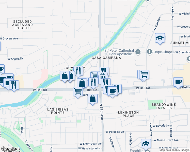 map of restaurants, bars, coffee shops, grocery stores, and more near 17100 North 67th Avenue in Glendale