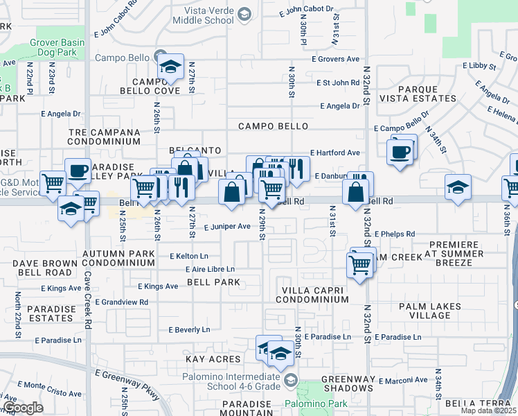map of restaurants, bars, coffee shops, grocery stores, and more near 2849 East Bell Road in Phoenix