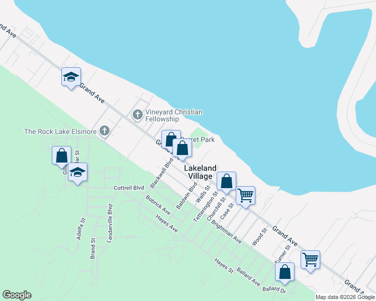 map of restaurants, bars, coffee shops, grocery stores, and more near 32979 Perret Boulevard in Lake Elsinore