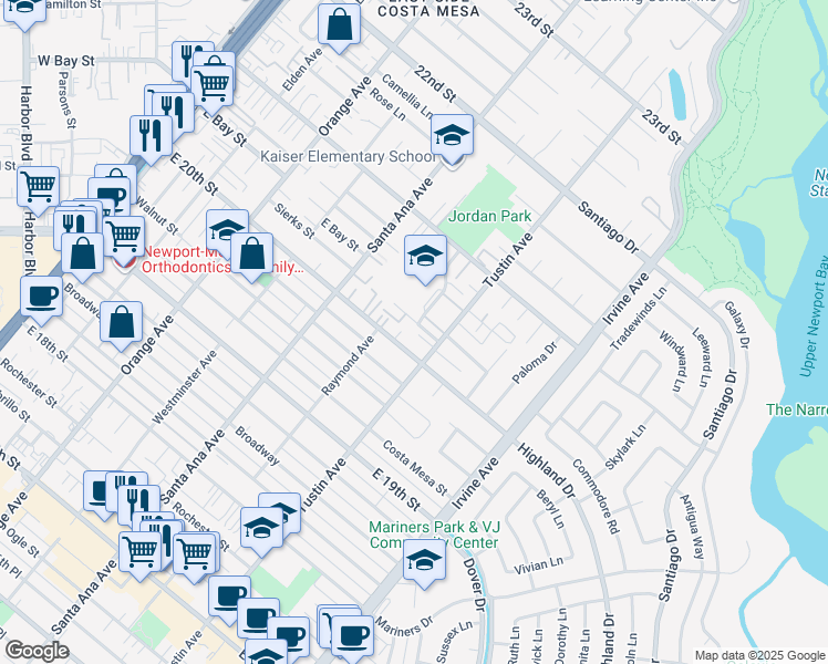 map of restaurants, bars, coffee shops, grocery stores, and more near 375 Woodland Place in Costa Mesa