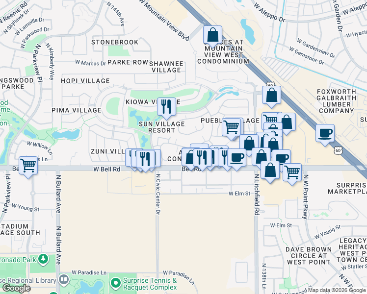 map of restaurants, bars, coffee shops, grocery stores, and more near West Arapaho Trail in Surprise