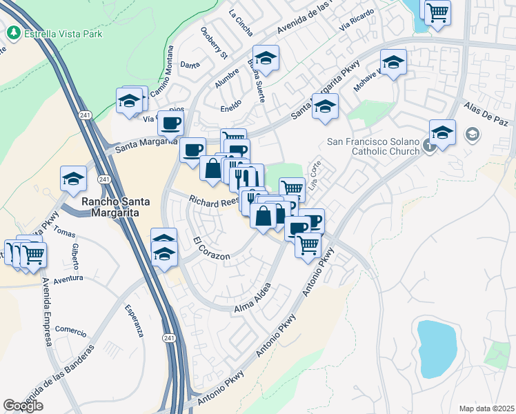 map of restaurants, bars, coffee shops, grocery stores, and more near 22215 El Paseo in Rancho Santa Margarita