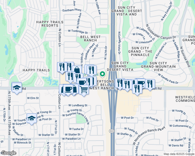 map of restaurants, bars, coffee shops, grocery stores, and more near 16772 West Bell Road in Surprise