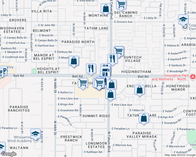 map of restaurants, bars, coffee shops, grocery stores, and more near 4717 East Bell Road in Phoenix