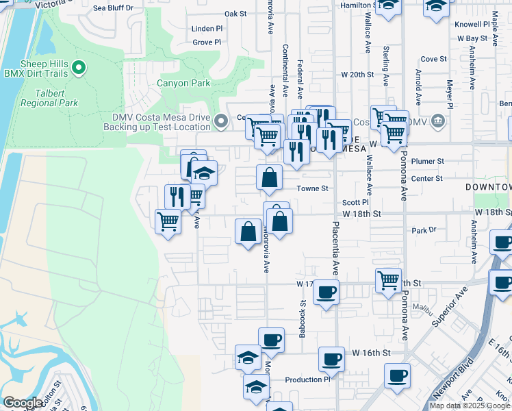 map of restaurants, bars, coffee shops, grocery stores, and more near 1819 Monrovia Avenue in Costa Mesa