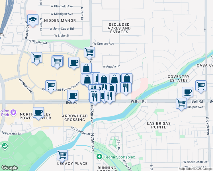 map of restaurants, bars, coffee shops, grocery stores, and more near 7400 West Camino San Xavier in Glendale
