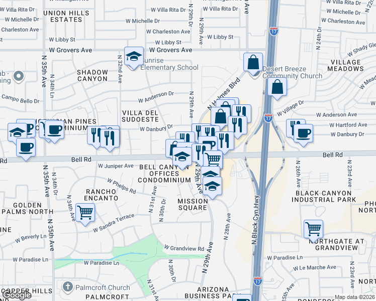 map of restaurants, bars, coffee shops, grocery stores, and more near 2908 West Woodridge Drive in Phoenix