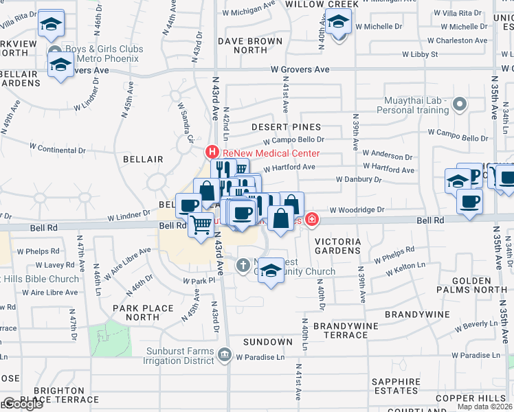 map of restaurants, bars, coffee shops, grocery stores, and more near 4151 West Meadow Drive in Glendale