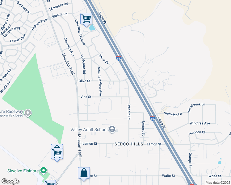 map of restaurants, bars, coffee shops, grocery stores, and more near 33050 Mesa Drive in Lake Elsinore