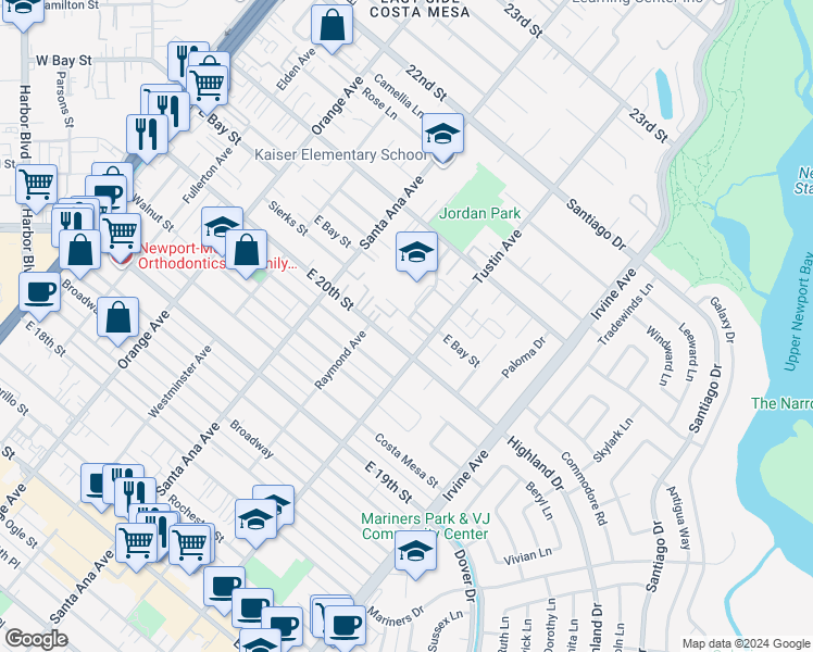 map of restaurants, bars, coffee shops, grocery stores, and more near 359 Woodland Place in Costa Mesa