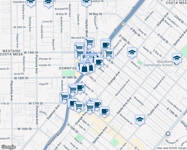 map of restaurants, bars, coffee shops, grocery stores, and more near 114 Magnolia Street in Costa Mesa